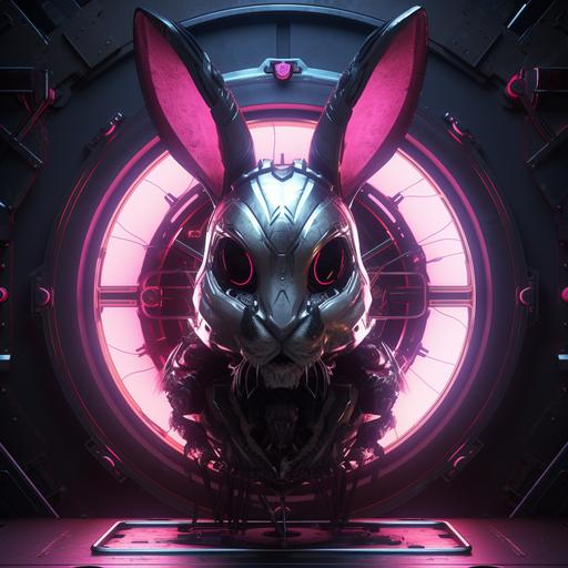 Photorealistic concept art, sleek and futuristic skull like rabbit, doors swing open, futuristic, innovative features, dynamic curves,detailed textures, ambient lighting reflecting off the rabbits face, neon eyes, rabbit colors black, silver, neon purple,photography, cinematic, anti-aliasing, CGI, neon podium,