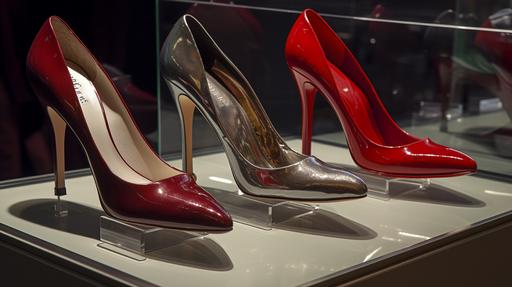 Photorealistic depiction of three different ladies' dress shoes with natural colors, each of a distinct style and color, showcased elegantly on a display case at a high-end footwear trade show. The first pair is a glossy, stiletto-heeled pump in bold red, the second pair is a classy kitten heel in royal blue suede, and the last pair is a vibrant, emerald green peep-toe sandal. The display case is lit by soft, ambient light that highlights the unique details of each shoe. The setting has a plush, luxury vibe, and the background subtly suggests the bustling energy of the trade show. --q 2 --v 5 --ar 16:9