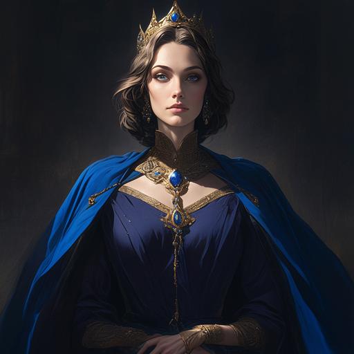 Photorealistic, hyper-realistic, in the style of Stanley Artgerm Lau, Boris Vallejo, and Gil Elvgren, a full body portrait of the great mediaeval grandmother of modern Europe and America, Queen Constance of Arles, wife of Robert II of France. She is imperious, haughty, beautiful, and powerful, wearing a deep blue velvet blue bliaut and wrapped by a long twisted golden girdle. She wears a golden crown upon her raven-black hair, beautifully braided. The Queen stands in front of a Wolfenite Palace in an alternate universe of mediaeval France, in an expression of double exposure quantum entanglement, digital, 8k ar 2:3 --s 399 --niji 6