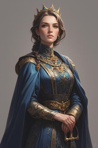 Photorealistic, hyper-realistic, in the style of Stanley Artgerm Lau, Boris Vallejo, and Gil Elvgren, a full body portrait of the great mediaeval grandmother of modern Europe and America, Queen Constance of Arles, wife of Robert II of France. She is young and beautiful, but highly imperious and haughty. She wears a deep blue velvet blue bliaut wrapped by a long twisted golden girdle. She wears a golden crown upon her raven-black hair, beautifully braided. The Queen stands in front of a Wolfenite Palace in an alternate universe of mediaeval France, in an expression of double exposure quantum entanglement, digital, 8k --ar 2:3 --s 799 --niji 6