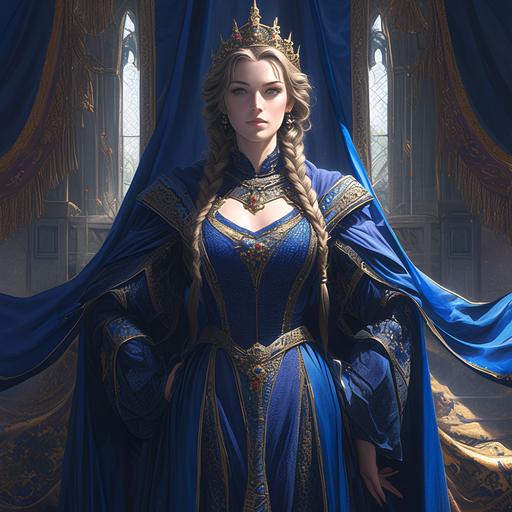 Photorealistic, hyper-realistic, in the style of Stanley Artgerm Lau, Boris Vallejo, and Gil Elvgren, a full body portrait of the great mediaeval grandmother of modern Europe and America, Queen Constance of Arles, wife of Robert II of France. She is imperious, haughty, beautiful, and powerful, wearing a deep blue velvet blue bliaut and wrapped by a long twisted golden girdle. She wears a golden crown upon her raven-black hair, beautifully braided. The Queen stands in front of a Wolfenite Palace in an alternate universe of mediaeval France, in an expression of double exposure quantum entanglement, digital, 8k ar 2:3 --s 399 --niji 6