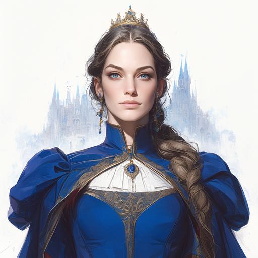 Photorealistic, hyper-realistic, in the style of Stanley Artgerm Lau, Boris Vallejo, and Gil Elvgren, a full body portrait of the great mediaeval grandmother of modern Europe and America, Queen Constance of Arles, wife of Robert II of France. She is young and beautiful, but highly imperious and haughty. She wears a deep blue velvet blue bliaut wrapped by a long twisted golden girdle. She wears a golden crown upon her raven-black hair, beautifully braided. The Queen stands in front of a Wolfenite Palace in an alternate universe of mediaeval France, in an expression of double exposure quantum entanglement, digital, 8k ar 2:3 --s 799 --niji 6