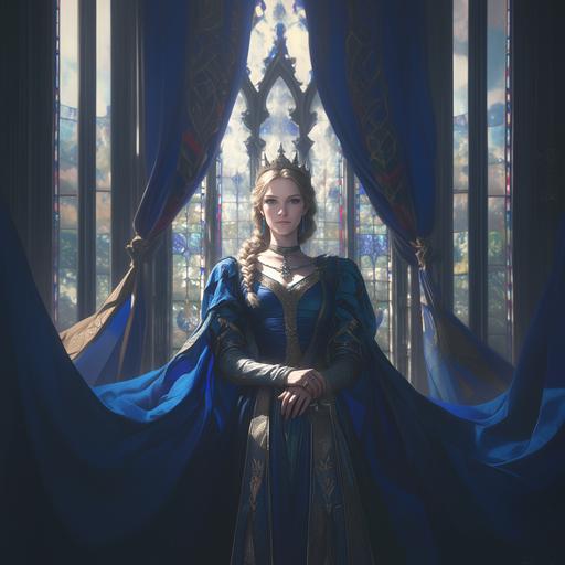 Photorealistic, hyper-realistic, in the style of Stanley Artgerm Lau, Boris Vallejo, and Gil Elvgren, a full body portrait of the great mediaeval grandmother of modern Europe and America, Queen Constance of Arles, wife of Robert II of France. She is young and beautiful, but highly imperious and haughty. She wears a deep blue velvet blue bliaut wrapped by a long twisted golden girdle. She wears a golden crown upon her raven-black hair, beautifully braided. The Queen stands in front of a Wolfenite Palace in an alternate universe of mediaeval France, in an expression of double exposure quantum entanglement, digital, 8k ar 2:3 --s 799 --niji 6