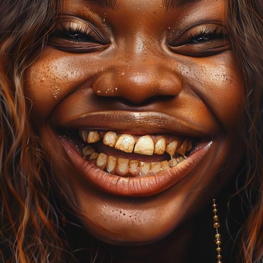 Photorealistic image of a brown skin lady smiling with a bad set of dirty teeth