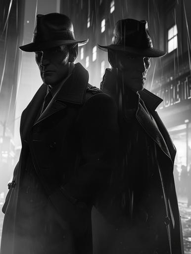 Photorealistic images of two elf characters in a serious homage to the dark aesthetic of film noir. Dressed in timeless noir attire, the elves stand against a backdrop of monochrome urban streets. One elf wears a trench coat and fedora, exuding a mysterious air, while the other opts for a classic suit. Their expressions are authentically serious, capturing the essence of the classic film noir genre. Wireframe hologram. --ar 3:4 --v 6.0