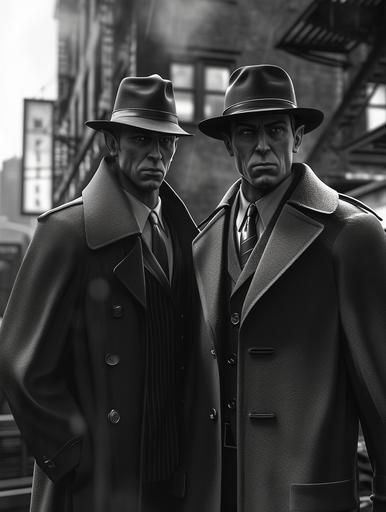 Photorealistic images of two elf characters in a serious homage to the dark aesthetic of film noir. Dressed in timeless noir attire, the elves stand against a backdrop of monochrome urban streets. One elf wears a trench coat and fedora, exuding a mysterious air, while the other opts for a classic suit. Their expressions are authentically serious, capturing the essence of the classic film noir genre. Wireframe hologram. --ar 3:4 --v 6.0