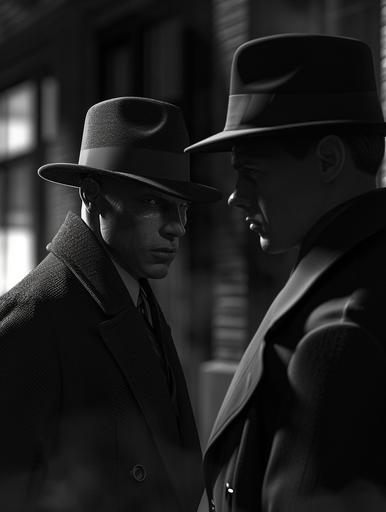 Photorealistic images of two elf characters in a serious homage to the dark aesthetic of film noir. Dressed in timeless noir attire, the elves stand against a backdrop of monochrome urban streets. One elf wears a trench coat and fedora, exuding a mysterious air, while the other opts for a classic suit. Their expressions are authentically serious, capturing the essence of the classic film noir genre. Wireframe hologram. --ar 3:4 --v 6.0