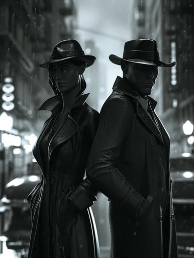 Photorealistic images of two elf characters in a serious homage to the dark aesthetic of film noir. Dressed in timeless noir attire, the elves stand against a backdrop of monochrome urban streets. One elf wears a trench coat and fedora, exuding a mysterious air, while the other opts for a classic suit. Their expressions are authentically serious, capturing the essence of the classic film noir genre. Wireframe hologram. --ar 3:4 --v 6.0