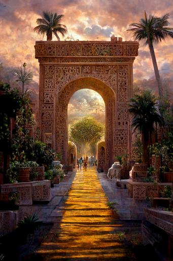 Photorealistic landscape with the Ishtar Gate, golden animal ornaments, green climbing plants with purple flowers, water fountain, yellow sand path leading to gate with beautifully decorated elephants, foot soldiers and chariots, palm trees, red sun in the sky, photorealistic concept art, deep depth of field, sharp focus, matte painting, movie concept art, hyperdetailed, corona render, octane render, redshift render, 4k, 8k, rule of thirds, natural lighting, golden hour, blue yellow and red colors