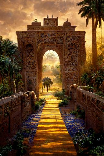 Photorealistic landscape with the Ishtar Gate, golden animal ornaments, green climbing plants with purple flowers, water fountain, yellow sand path leading to gate with beautifully decorated elephants, foot soldiers and chariots, palm trees, red sun in the sky, photorealistic concept art, deep depth of field, sharp focus, matte painting, movie concept art, hyperdetailed, corona render, octane render, redshift render, 4k, 8k, rule of thirds, natural lighting, golden hour, blue yellow and red colors