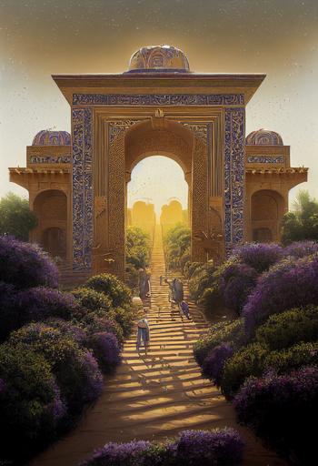 Photorealistic landscape with the Ishtar Gate, golden animal ornaments, green climbing plants with purple flowers, water fountain, yellow sand path leading to gate with beautifully decorated elephants, foot soldiers and chariots, palm trees, red sun in the sky, photorealistic concept art, deep depth of field, sharp focus, matte painting, movie concept art, hyperdetailed, corona render, octane render, redshift render, 4k, 8k, rule of thirds, natural lighting, golden hour, blue yellow and red colors