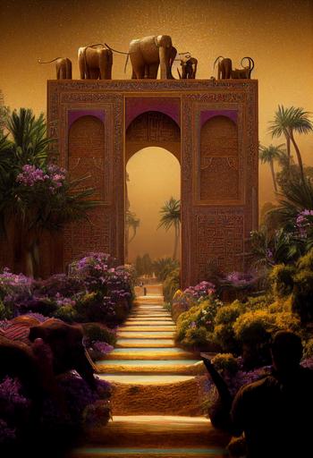 Photorealistic landscape with the Ishtar Gate, golden arabesque animal ornaments, green climbing plants with purple flowers, water fountain, yellow sand path leading to gate with beautifully decorated elephants, foot soldiers and chariots, palm trees, red sun in the sky, photorealistic concept art, deep depth of field, sharp focus, matte painting, movie concept art, hyperdetailed, corona render, octane render, redshift render, 4k, 8k, rule of thirds, natural lighting, golden hour, blue yellow and red colors