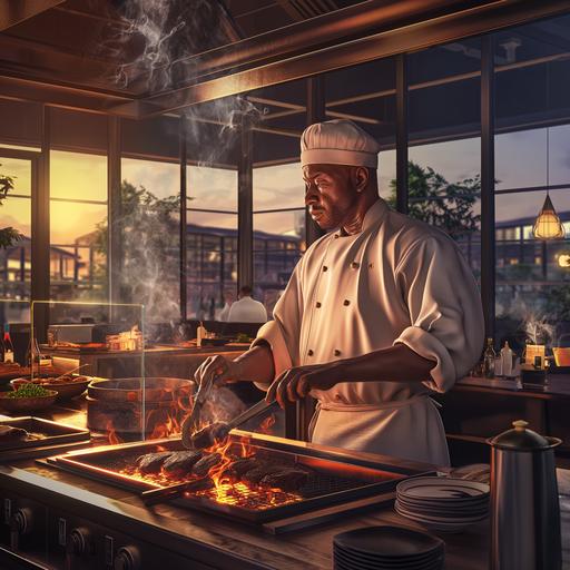 Photorealistic modern contemporary environment of chef, of African American descent, cooking at a hibachi grill with steak, shrimp and chicken. Have the chef with windows in back of him and the background be a typical Tokyo suburb area with light traffic. he can be a in a restaurant in midafternoon time of day.