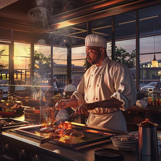 Photorealistic modern contemporary environment of chef, of African American descent, cooking at a hibachi grill with steak, shrimp and chicken. Have the chef with windows in back of him and the background be a typical Tokyo suburb area with light traffic. he can be a in a restaurant in midafternoon time of day.