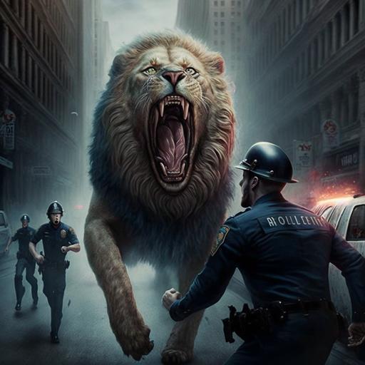 Photorealistic, movie, cinematic,in a city, Zombie Lion, attacking Los Angels Policeman, horror movie, scary, policeman frightened, zombie animals.