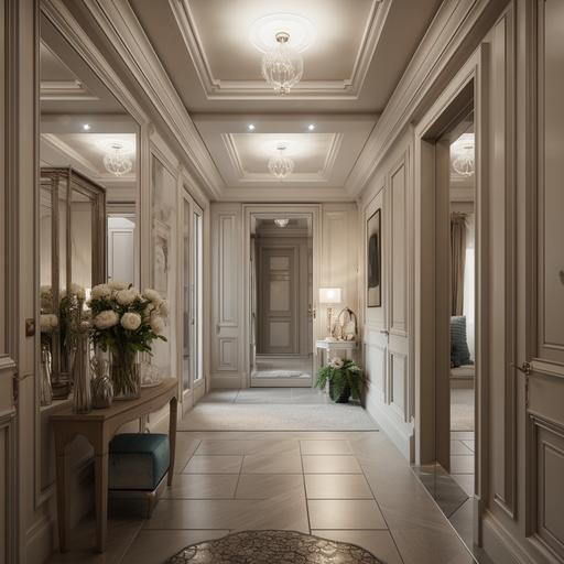 Photorealistic of a large hallway in a modern style with a two-level ceiling combining elements of modernity and classicism can look very elegant and functional. At the entrance to the hallway, you can place a large mirror that reflects light and creates a feeling of spaciousness. Next to the mirror, you can install a dresser or bedside table where you can place keys, a wallet, or other necessary items. To store outerwear and shoes, you can install a spacious wardrobe with sliding doors and shelves for shoes. This will help keep the hallway clean and tidy. A two-level ceiling with elements of modernity and classicism can add style and elegance to the interior of the hallway. For example, the first level of the ceiling can be decorated in white with integrated minimalist-style lighting fixtures, while the second level can use elements of gypsum, such as cornices or moldings, to add a classic charm. You can also add several vases with tropical plants to give the hallway a fresh and lively look. Plants can be placed on the floor, on shelves, or on small stands. For the floor, you can use ceramic tiles or laminate with a wood-like texture to add warmth and coziness to the hallway --v 5 --s 750