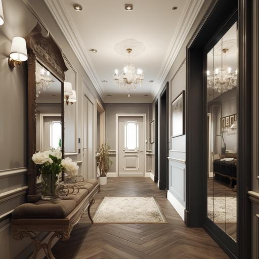 Photorealistic of a large hallway in a modern style with a two-level ceiling combining elements of modernity and classicism can look very elegant and functional. At the entrance to the hallway, you can place a large mirror that reflects light and creates a feeling of spaciousness. Next to the mirror, you can install a dresser or bedside table where you can place keys, a wallet, or other necessary items. To store outerwear and shoes, you can install a spacious wardrobe with sliding doors and shelves for shoes. This will help keep the hallway clean and tidy. A two-level ceiling with elements of modernity and classicism can add style and elegance to the interior of the hallway. For example, the first level of the ceiling can be decorated in white with integrated minimalist-style lighting fixtures, while the second level can use elements of gypsum, such as cornices or moldings, to add a classic charm. You can also add several vases with tropical plants to give the hallway a fresh and lively look. Plants can be placed on the floor, on shelves, or on small stands. For the floor, you can use ceramic tiles or laminate with a wood-like texture to add warmth and coziness to the hallway --v 5 --s 750