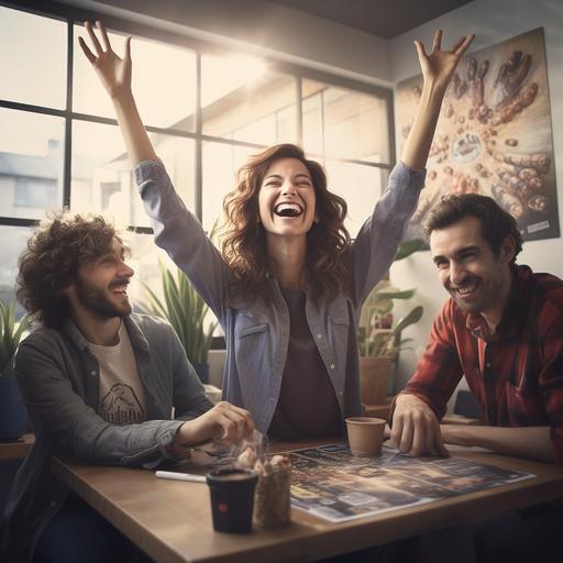 Photorealistic photo of shy smiling woman with two friends playting a board game, arms raised in victory