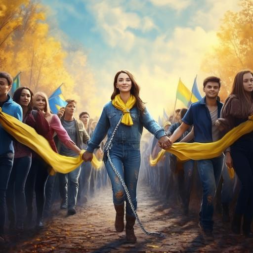 Photorealistic style. Ukraine, the day of unity. People stand holding hands in one long chain. The Ukrainian flag is held in the rivers, everyone is happy and joyful. there are both men and women in the photo