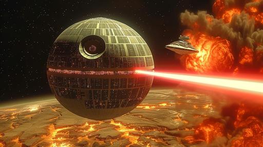Photorealistic yet stylized, anime cel shaded, [Star Wars] style, a dramatic scene, the [Death Star] destroys the [planet Alderaan] with a single blast of an ion superlaser, viewed from orbit, epic, strong shadow effect, saturation, ultra-detailed, stunning background, beautiful lighting, cinematic, Canon EF 24-105mm f/4L IS II USM lens at 50mm, ISO 800, f/5.6, 1/250s, key visual and aesthetic of [Star Wars] --style raw --ar 16:9 --v 6.0 --s 999 --c 8