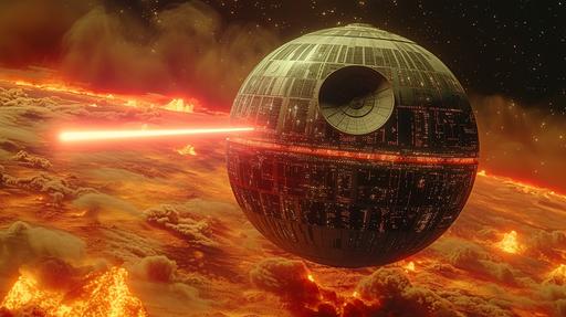 Photorealistic yet stylized, anime cel shaded, [Star Wars] style, a dramatic scene, the [Death Star] destroys the [planet Alderaan] with a single blast of an ion superlaser, viewed from orbit, epic, strong shadow effect, saturation, ultra-detailed, stunning background, beautiful lighting, cinematic, Canon EF 24-105mm f/4L IS II USM lens at 50mm, ISO 800, f/5.6, 1/250s, key visual and aesthetic of [Star Wars] --style raw --ar 16:9 --v 6.0 --s 999 --c 8