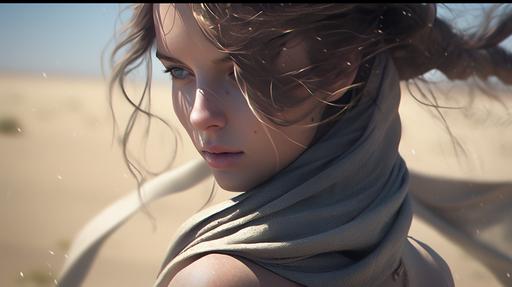 Photorealistic yet stylized, anime cel shaded, amidst randomness, Rey from 