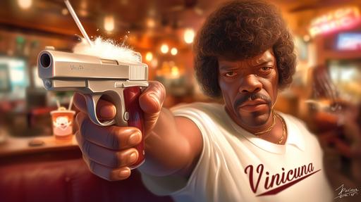 Photorealistic yet stylized, anime cell shaded, 3d model showcase, a cute kikoriki creature version of Pulp Fiction movie as Vincent Vega and Samuel Jackson, pointing guns with 