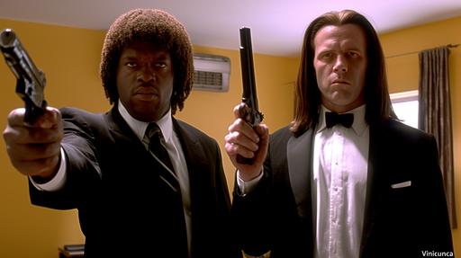 Photorealistic yet stylized, anime cell shaded, 3d model showcase, a cute kikoriki creature version of Pulp Fiction movie as Vincent Vega and Samuel Jackson, pointing guns with 