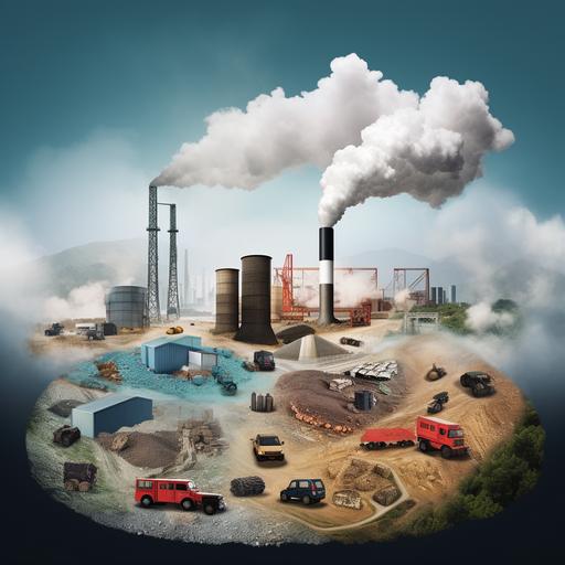 Photos or diagrams of raw material extraction processes, such as mining or plastic production, with environmental impact icons (e.g., emission clouds, depleted resources).