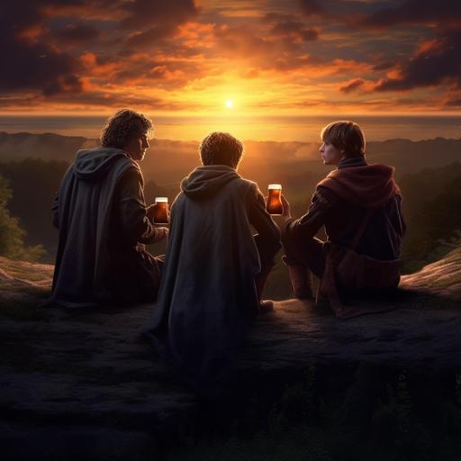 Luke Skywalker, Harry Potter and Frodo Beggin drinking beer watching sunset, 4K realistic good lighting