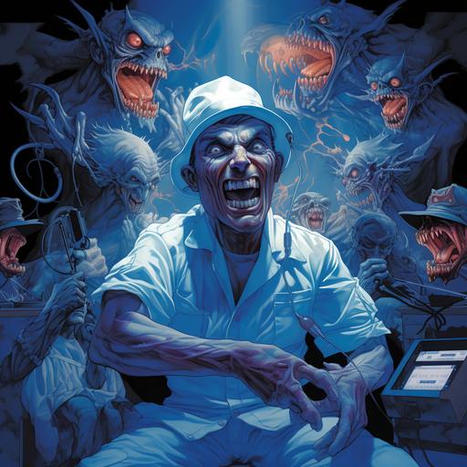 Physicians assistant man, in blue hospital medical scrubs, blue hair cover, with a demonic face, large muscles, rats all over him ,riding a black dark horse zombie, demon bats flying around, 80s art style, wearing a blue scrubs hat, and n95 mask