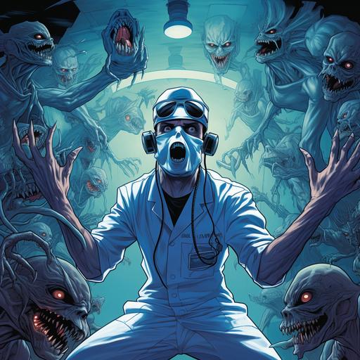 Physicians assistant man, in blue hospital medical scrubs, blue hair cover, with a demonic face, large muscles, rats all over him ,riding a black dark horse zombie, demon bats flying around, 80s art style, wearing a blue scrubs hat, and n95 mask