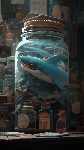 Pickled blue shark in a jar, at a bar for losers , CG Unity,vray, Tim Burton, Jack Kirby , dino valls --ar 9:16 --niji 5 --style expressive --s 250