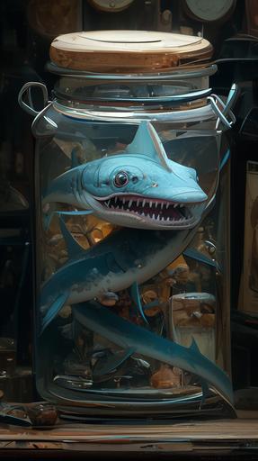 Pickled blue shark in a jar, at a bar for losers , CG Unity,vray, Tim Burton, Jack Kirby , dino valls --ar 9:16 --niji 5 --style expressive --s 250