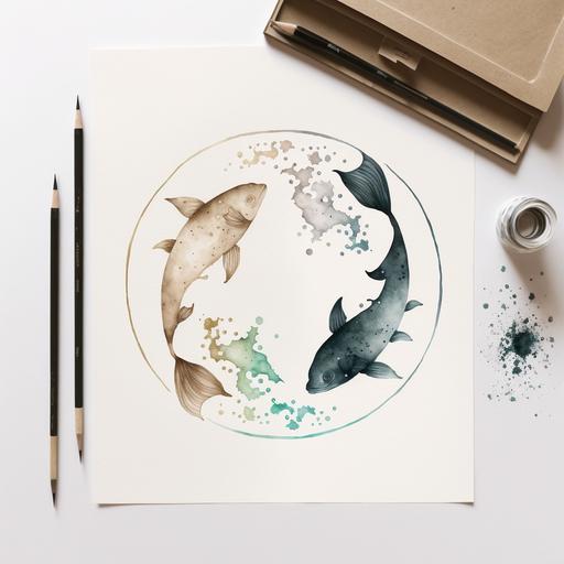 minimalistic Pisces, japandi, watercolour, circle background, neutral colours artwork