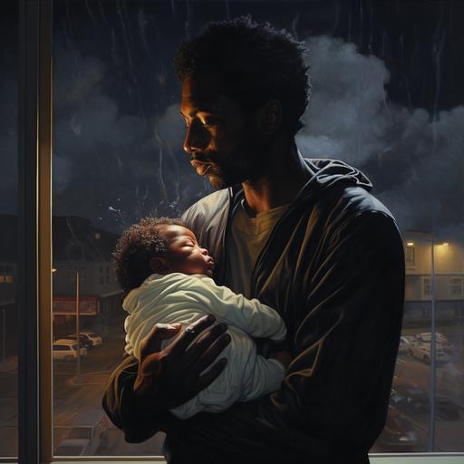 Picture a Black man in the year 1975 holding his newborn daughter by a hospital window, through which a stormy night is visible, hyperrealistic, detailed