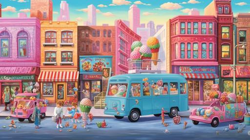 Picture a charming city street in the late afternoon, bustling with life. Nestled among the urban landscape, a vintage candy van stands out with its vibrant colors and whimsical design. The van, painted in a cheerful palette of pastel blues and pinks, is adorned with illustrations of various candies - lollipops, gummy bears, and chocolate bars. The vendor, a friendly figure in a striped apron, is serving a line of eager children, their faces lit up with anticipation. The scene is captured with a Canon EOS 5D Mark IV DSLR camera, EF 50mm f/1.8 STM lens, providing a high-resolution, ultra-realistic image. The lighting is soft and warm, enhancing the nostalgic atmosphere. The shot is taken from a low angle, emphasizing the van and the towering city buildings in the background. --ar 16:9 --v 5.1 --style raw --q 2 --s 750