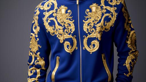 Picture a luxurious tracksuit in royal blue, adorned with a gold, baroque-inspired print reminiscent of Versace's extravagant style. The jacket of the tracksuit features a bold 