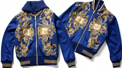 Picture a luxurious tracksuit in royal blue, adorned with a gold, baroque-inspired print reminiscent of Versace's extravagant style. The jacket of the tracksuit features a bold 