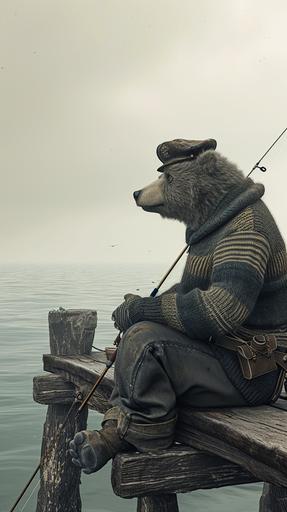 Picture a pensive anthropomorphic bear, clad in an old-fashioned fisherman's sweater and a weathered captain's hat, seated at a rickety wooden pier. His burly frame is surprisingly human as he gazes out at the sea, a fishing rod gripped in his large, paw-like hands. The overcast sky casts a soft, diffuse light, lending the scene a contemplative, almost melancholic air. The bear's deeply human eyes reflect a lifetime of seafaring tales, captured in a photo-realistic style with the ocean's expanse providing a blurred, infinite horizon. --ar 9:16 --s 50 --v 6.0