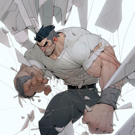 Picture a scene of a heavily muscled martial artist, training in solitude within the ruins of a once thriving dojo. The image should emphasize his defined muscular form, intense concentration, sweat drops marking his effort, broken dojo elements, and flying debris from his powerful moves. The art should be influenced by the unique and expressive style of Hectopascal, a popular manhwa, with its characteristic blending of realism and stylization. The artist, Dopil, renowned for their work in Hectopascal, should be the inspiration. The medium should be a digital manhwa illustration --niji 5 --style expressive
