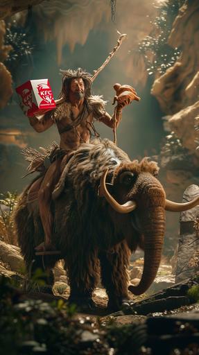 Picture a scene straight from the Stone Age, where a KFC store, ingeniously crafted into a dolmen, stands out against the prehistoric landscape, its bright red logo visible from afar. A primitive human, dressed in traditional garb made from bones and hides and sporting a messy hairstyle, triumphantly holds a KFC chicken box while riding atop a majestic mammoth. This moment, captured with the vividness and detail of a cinematic masterpiece, highlights the anachronistic blend of the Stone Age setting with the iconic KFC brand. The surrounding environment is lush with primitive vegetation, illuminated by the gentle light of a clear, sunny day, creating an inviting and cozy atmosphere. The focus is on the mammoth-mounted individual, emphasizing the surreal yet harmonious juxtaposition of epochs. --ar 9:16 --v 6.0 --style raw --s 50