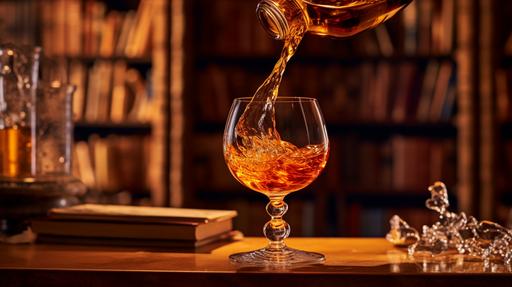 Picture a scene where the D’Ussé VSOP Cognac is being poured into a glass from the bottle, forming a rich, amber waterfall. The scene is set in a vintage library, with books floating off the shelves, creating a sense of motion and dynamism. On a wooden table, ripe blackberries, apricots, a piece of dark chocolate, and walnuts are scattered, as if blown by a gust of wind. The shot is taken with a Nikon Z 7II, using a NIKKOR Z 50mm f/1.2 S lens. The image is shot in raw format, with a resolution of 45.7 megapixels, ISO sensitivity of 64, and a shutter speed of 1/2000 second to capture the dynamic elements. The lighting is warm and inviting, enhancing the rich colors of the scene. --ar 16:9 --v 5.1 --style raw --q 2 --s 750 --v 5.1 --s 750