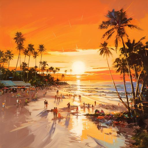 Picture a sun-drenched beach scene at sunset. The sky is painted in hues of orange and pink, casting a warm glow over the sand. Palm trees sway gently in the breeze, creating dynamic shadows on the ground. People are scattered across the beach, engaged in various activities - some dancing, others lounging on colorful beach towels, and a few playing beach volleyball. The atmosphere is filled with a sense of carefree celebration, as the sun sets