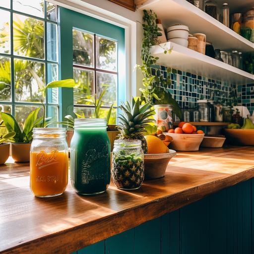 Picture a sunlit, rustic kitchen with wooden countertops and pastel-colored tiles. On the counter, there's a vibrant display of various drinks and smoothies. A tall, frosty glass is filled with a rich, deep blue spirulina smoothie, topped with a slice of starfruit. Next to it, there's a mason jar brimming with a creamy avocado and spinach smoothie, garnished with chia seeds. A few steps away, a crystal-clear pitcher holds a refreshing cucumber-mint infused water, with ice cubes floating on top. Beside the pitcher, there's a glass filled with a ruby-red pomegranate juice, sparkling with effervescence. Scattered around these drinks are fresh ingredients: a bowl of mixed berries, a sliced kiwi, a sprig of mint, and a halved passion fruit. The scene is completed with a bamboo straw in each drink, a blender in the background, and a soft cloth napkin with a pattern of tropical fruits. The entire setting exudes freshness, hydration, and the delightful variety of drinks and smoothies one can enjoy.