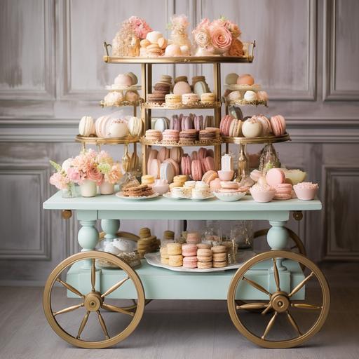 Picture a vintage wooden dessert cart, set against a pastel-colored wall adorned with whimsical illustrations of cupcakes and candies. On the top shelf of the cart, there's an elegant three-tiered cake stand displaying an assortment of pastries: velvety chocolate éclairs, strawberry-filled macarons, and golden cream puffs dusted with powdered sugar. Beside it, there's a crystal bowl filled with colorful fruit tarts, each topped with a shiny glaze and a fresh berry. The lower shelf showcases a variety of homemade cookies, from classic chocolate chip to intricate linzer cookies with raspberry jam peeking through their heart-shaped centers. On the side of the cart, there's a tall glass jar filled with candy canes and another with swirling lollipops. Draped over the handle of the cart is a white apron with embroidered cupcakes, and next to it, a silver tray holds a set of dainty porcelain cups, ready for a serving of hot cocoa or tea. The entire scene exudes indulgence, warmth, and the joy of sweet treats.