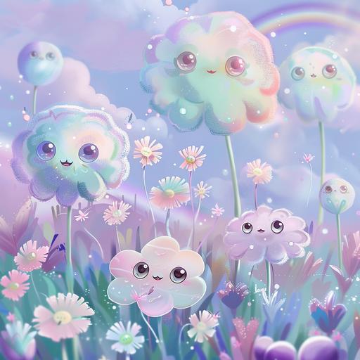 Picture a whimsical scene set in a magical meadow, where oversized, kawaii flowers tower gently over a pastel-hued landscape. These aren't ordinary flowers; they have cute, animated faces with big, shiny eyes, and their petals come in soft shades of pink, lavender, and baby blue, blending harmoniously with the pastel wallpaper theme. The ground is a plush carpet of pastel green, sprinkled with tiny, colorful blossoms. In the sky above, a gentle pastel rainbow arcs, adding a touch of magic to the scene. This adorable and enchanting setting, ideal for a cute screensaver or background, should be rendered in a digital illustration style, focusing on the soft, dreamy quality of the pastels and the joyful expressions of the kawaii flowers to convey a sense of serenity and delight. --ar 1:1 --v 6.0