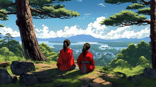 Picture books, cartoons, Japan, rice field road, two girls in red kimono resting under a pine tree, a man passing by calls out to them. high quality, --ar 16:9