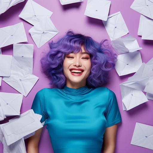 Picture from the top view. Korean model. Eyes open. Smiling. Wearing a barbie-doll dress and a purple wig , laying down over a big rectangular sheetmask envelopes. With a light polo blue background. All with a very pop style. minimalist.
