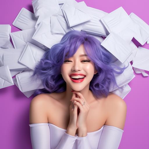 Picture from the top view. Korean model. Eyes open. Smiling. Wearing a barbie-doll dress and a purple wig , laying down over a big rectangular sheetmask envelopes. With a light polo blue background. All with a very pop style. minimalist.
